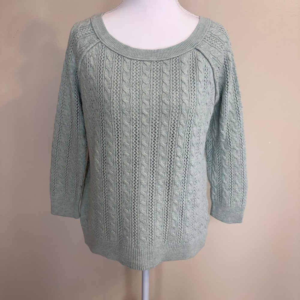 American Eagle Blue/Green Cable Knit 3/4 Sleeve Crewneck Sweater Womens S Logo